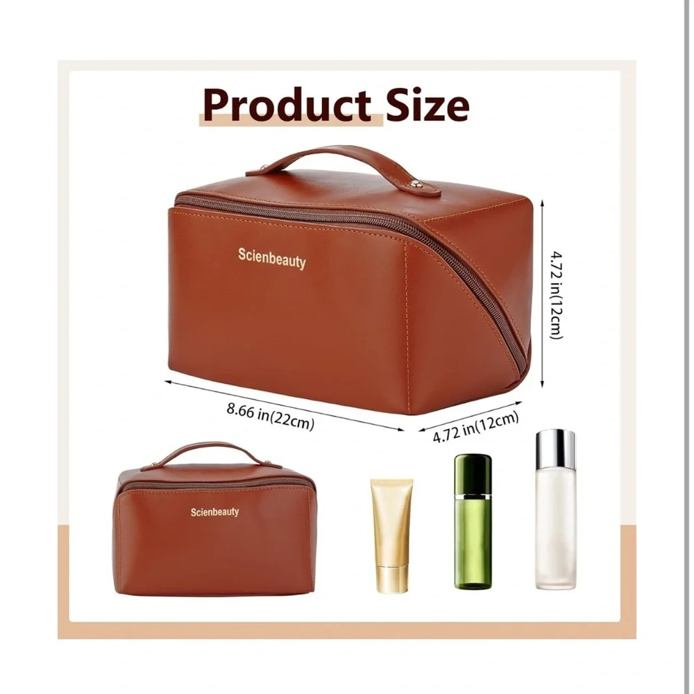 Scienbeauty Large Travel Makeup Bag Brown Vegan Leather Open Flat Cosmetic Case
